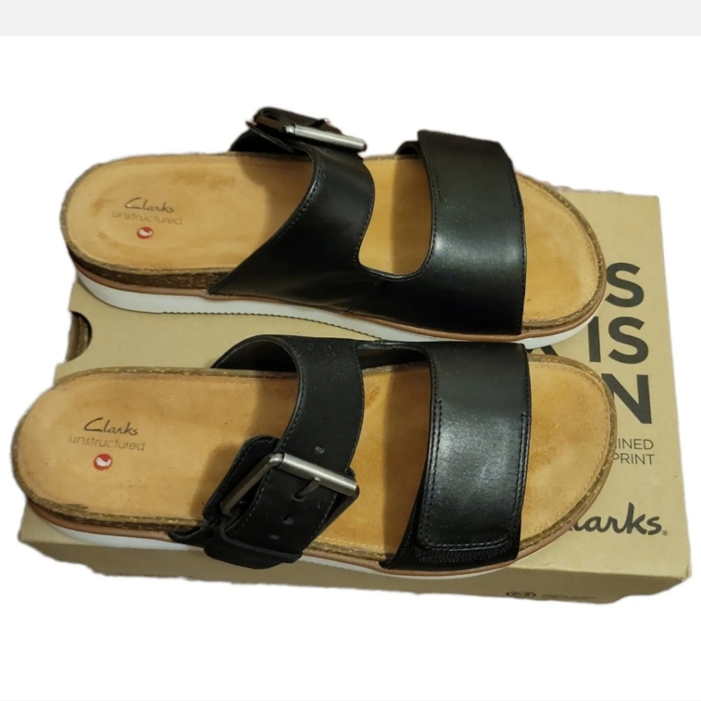 Clarks Black Sandals Elayne Ease Leather Womens Size 10m EUC